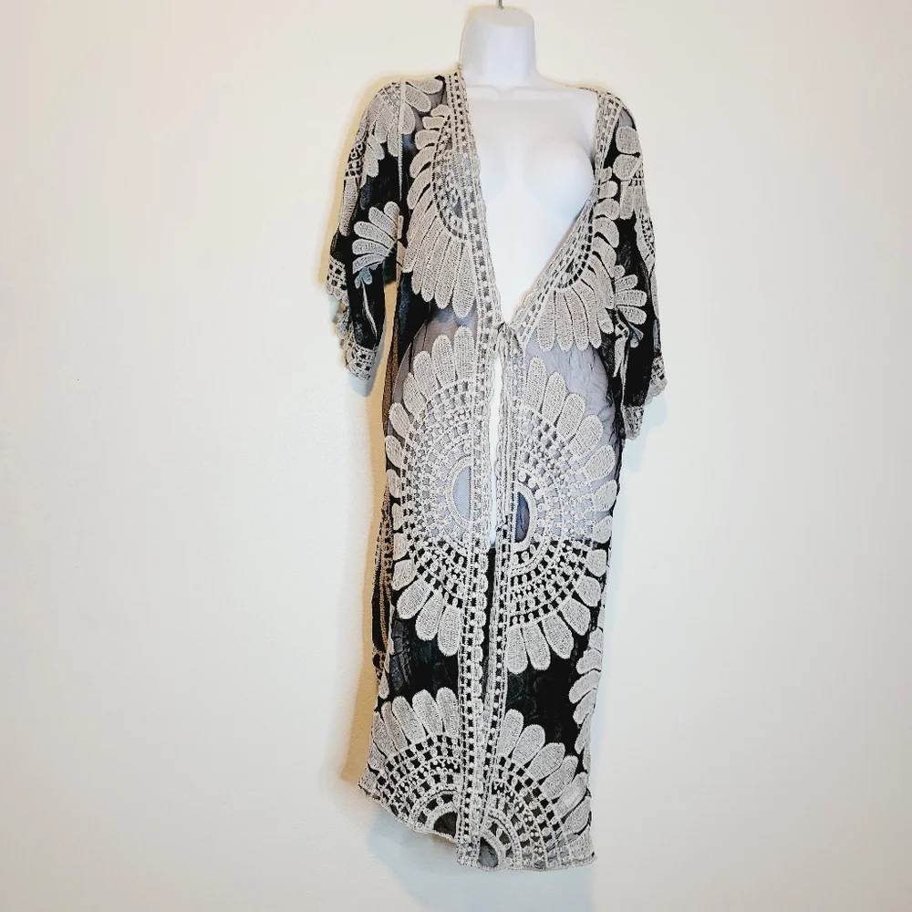 Cupshe black sheer with white embroidery swim cover up
